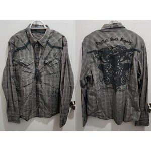 Guess English Rock Royalty Plaid Embroidered Distressed LS Button Shirt Size XL